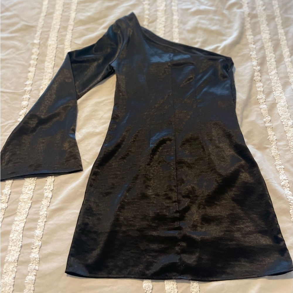 Forever 21 black satin one sleeve mini dress